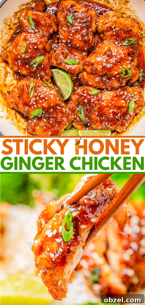 Sticky Honey-Ginger Chicken with Soy Glaze 8 A skillet with sticky honey ginger chicken garnished with green onions and a lime wedge, and a close-up of a piece held with chopsticks.