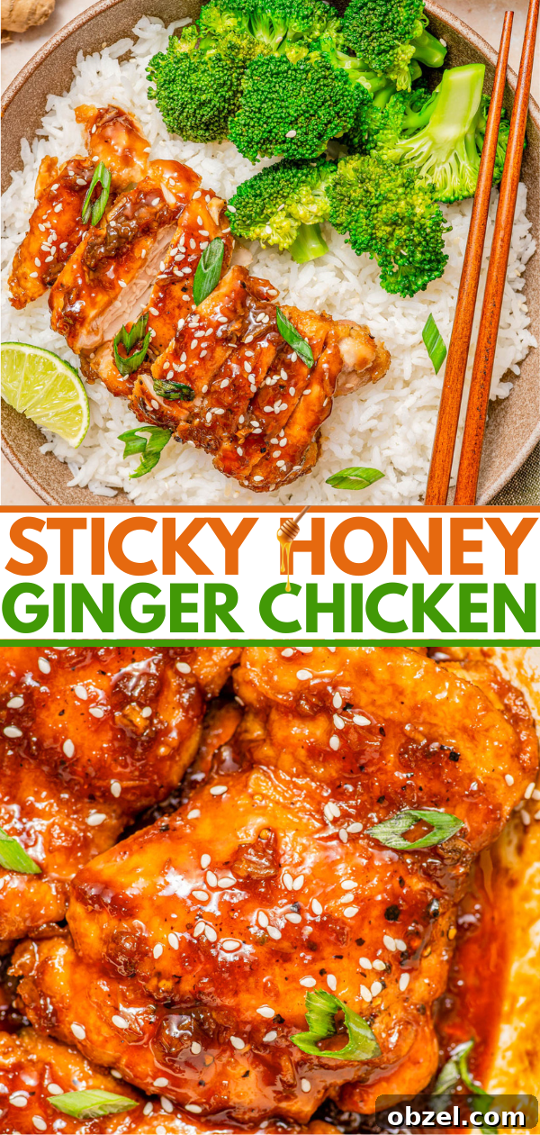 Sticky Honey-Ginger Chicken with Soy Glaze 9 A bowl of rice topped with sticky honey ginger chicken, broccoli, green onions, sesame seeds, a lime wedge, and chopsticks; close-up of glazed chicken below.