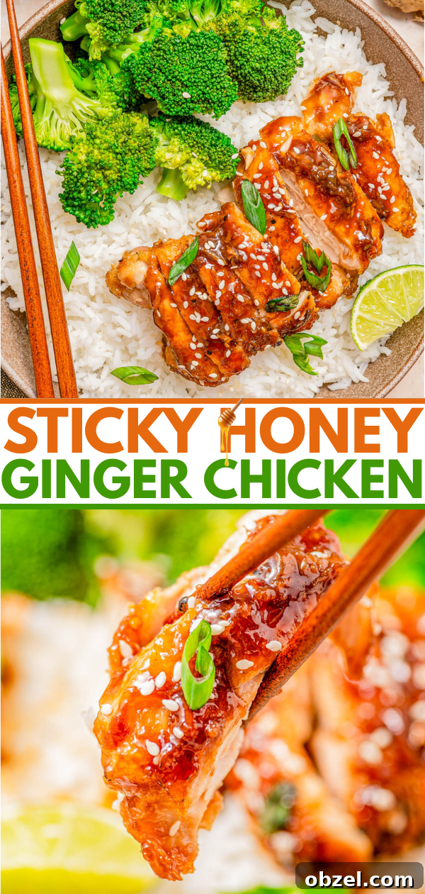 Sticky Honey-Ginger Chicken with Soy Glaze 13 Chicken with sticky honey ginger glaze served on white rice with broccoli, garnished with green onions, sesame seeds, and a lime wedge.