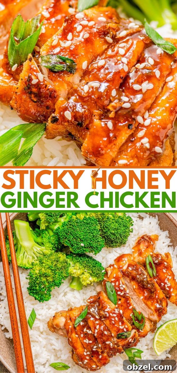 Sticky Honey-Ginger Chicken with Soy Glaze 14 Sliced honey ginger chicken garnished with sesame seeds and green onions, served on white rice with broccoli and a lime wedge.