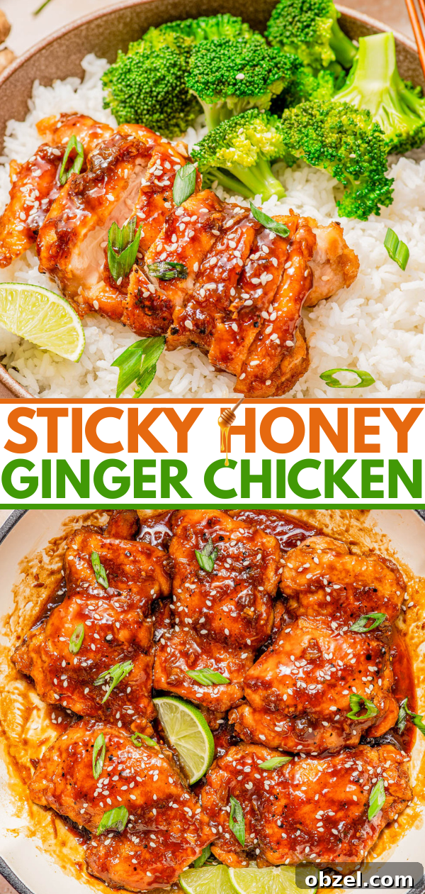 Sticky Honey-Ginger Chicken with Soy Glaze 15 Sticky honey ginger chicken served over white rice with broccoli, lime wedges, and sprinkled with sesame seeds and green onions; close-up and overhead views.