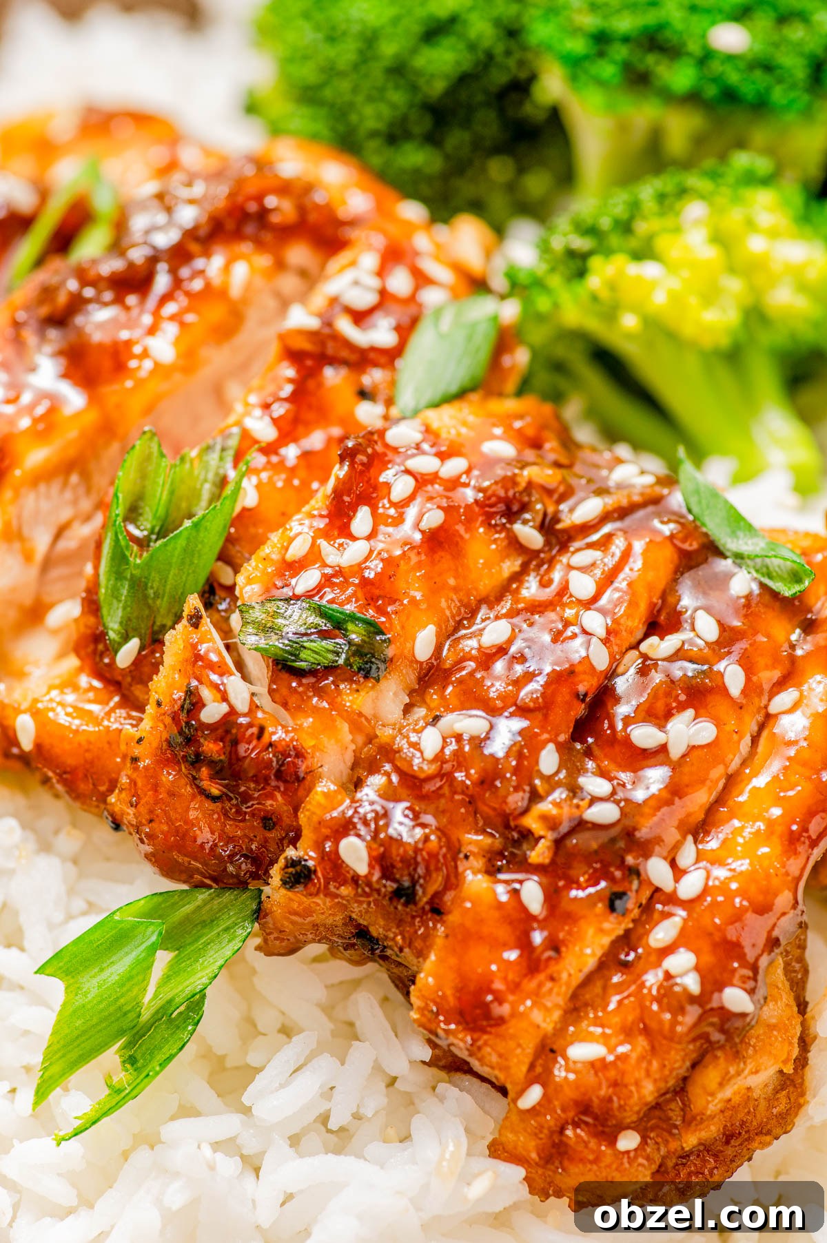 Sticky Honey-Ginger Chicken with Soy Glaze 4 Grilled glazed chicken topped with sesame seeds and green onions, served on white rice with broccoli in the background.