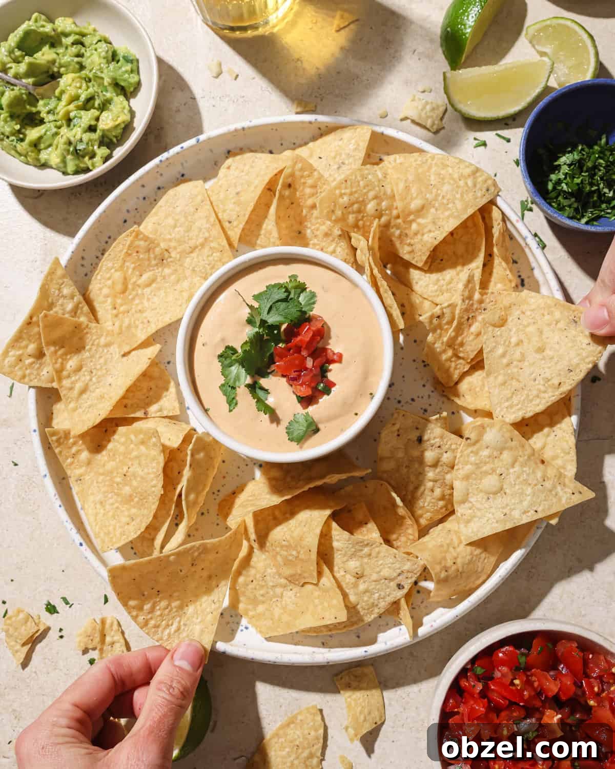 Creamy Vegan Queso Dip 2 person taking a chip from a plate with chips and a bowl of queso on it.