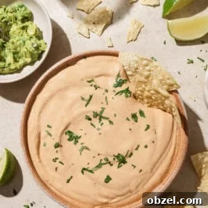 overhead view of a bowl of queso topped with cilantro on a table.