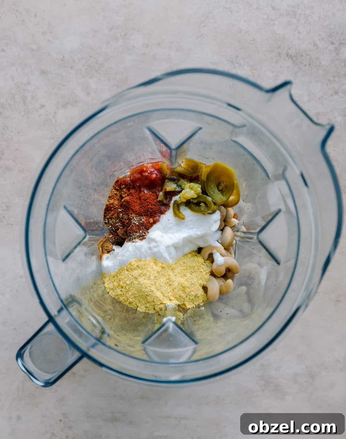 Creamy Vegan Queso Dip 8 cashews, salsa, yogurt, spices, jalapeños/their brine, and nutritional yeast in a blender.