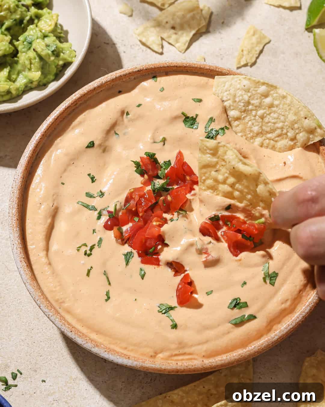 Creamy Vegan Queso Dip 10 person dipping a tortilla chip into a bowl of queso.