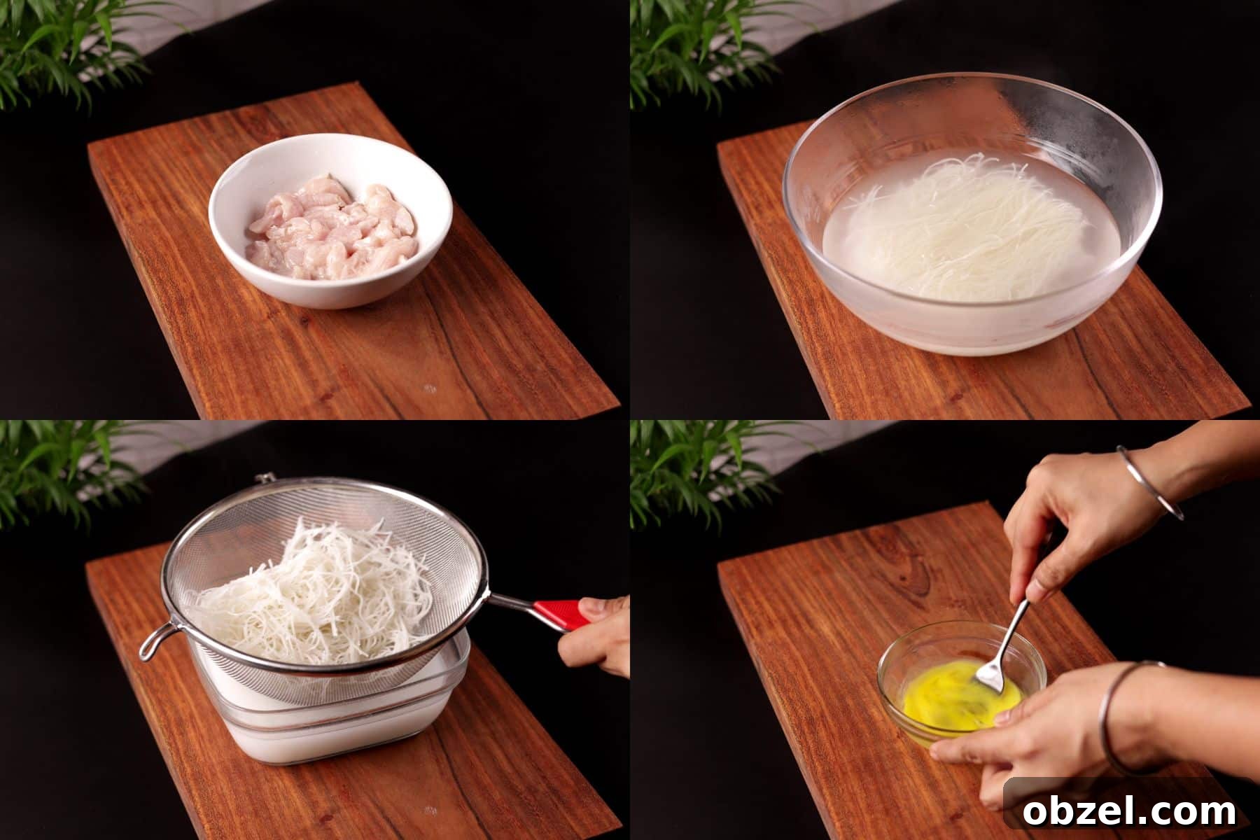 Chicken Mei Fun Recipe with Stir-Fried Rice Noodles 4 Steps 2 to 5 for Chinese chicken mei fun: marinating chicken, soaking and draining rice noodles, and beating egg.