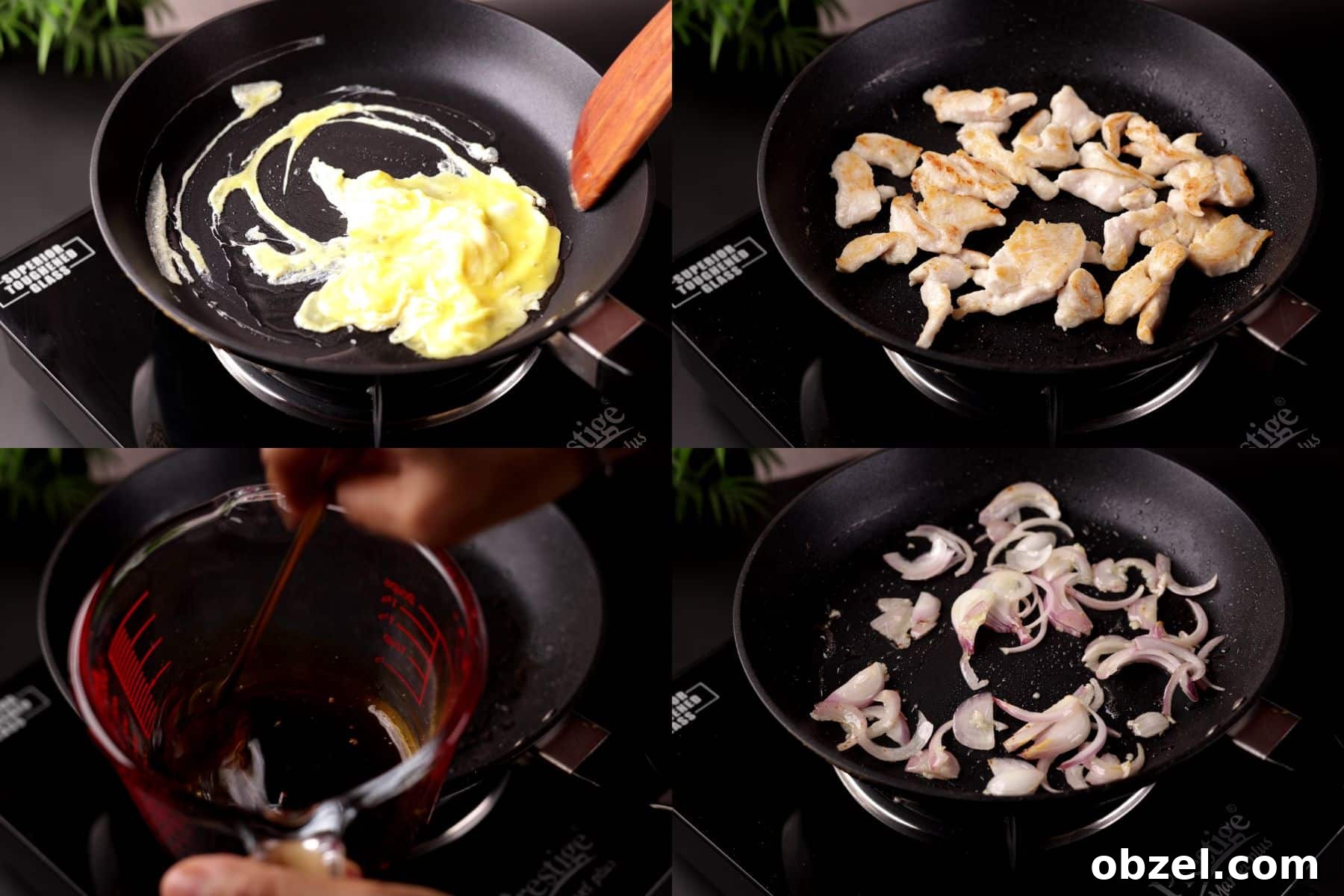 Chicken Mei Fun Recipe with Stir-Fried Rice Noodles 5 Steps 6 to 9 for Chinese chicken mei fun: scrambling egg, cooking chicken until golden, mixing the sauce, and stir-frying onion with garlic.