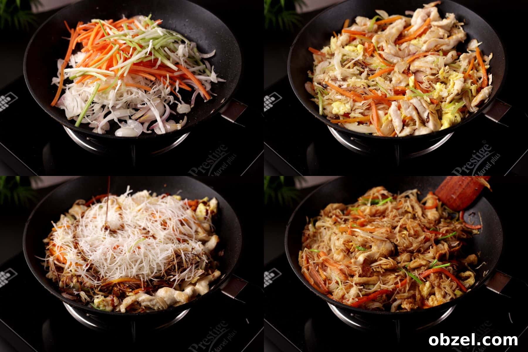 Chicken Mei Fun Recipe with Stir-Fried Rice Noodles 6 Steps 10 to 13 for chicken mei fun: stir-frying vegetables, adding cooked chicken and egg, adding noodles, sauce, and green onion, then combining everything together.