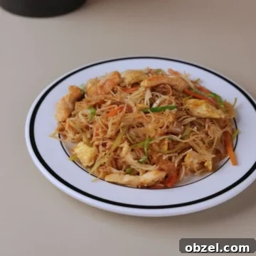 Chicken Mei Fun Recipe with Stir-Fried Rice Noodles 8 Chinese chicken mei fun home-style noodle recipe served on a white plate.