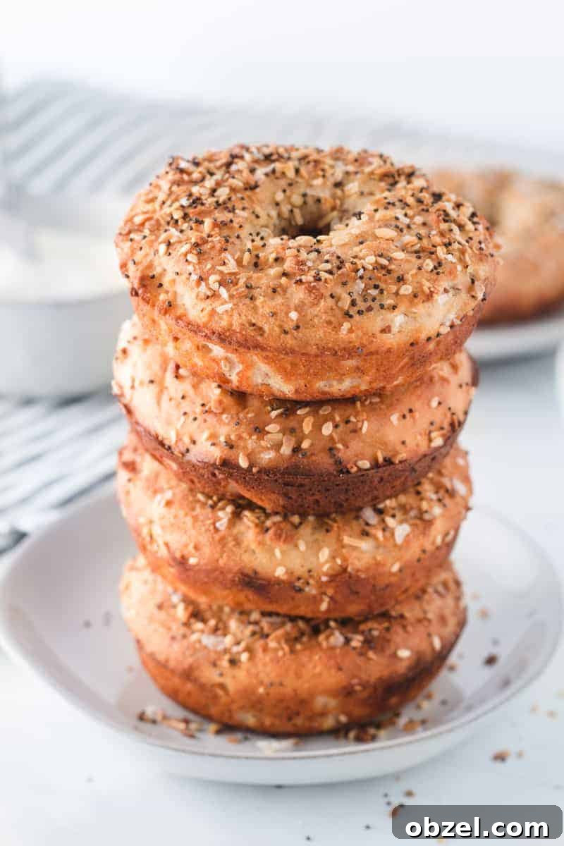 2-Ingredient Gluten-Free Bagels Recipe 8 A stack of gluten-free two-ingredient everything bagels.