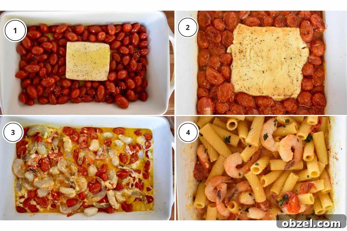 Creamy Baked Feta Pasta with Garlic Shrimp 5 process shots showing how to make recipe including tossing tomatoes with olive oil and adding in the rigatoni noodles.