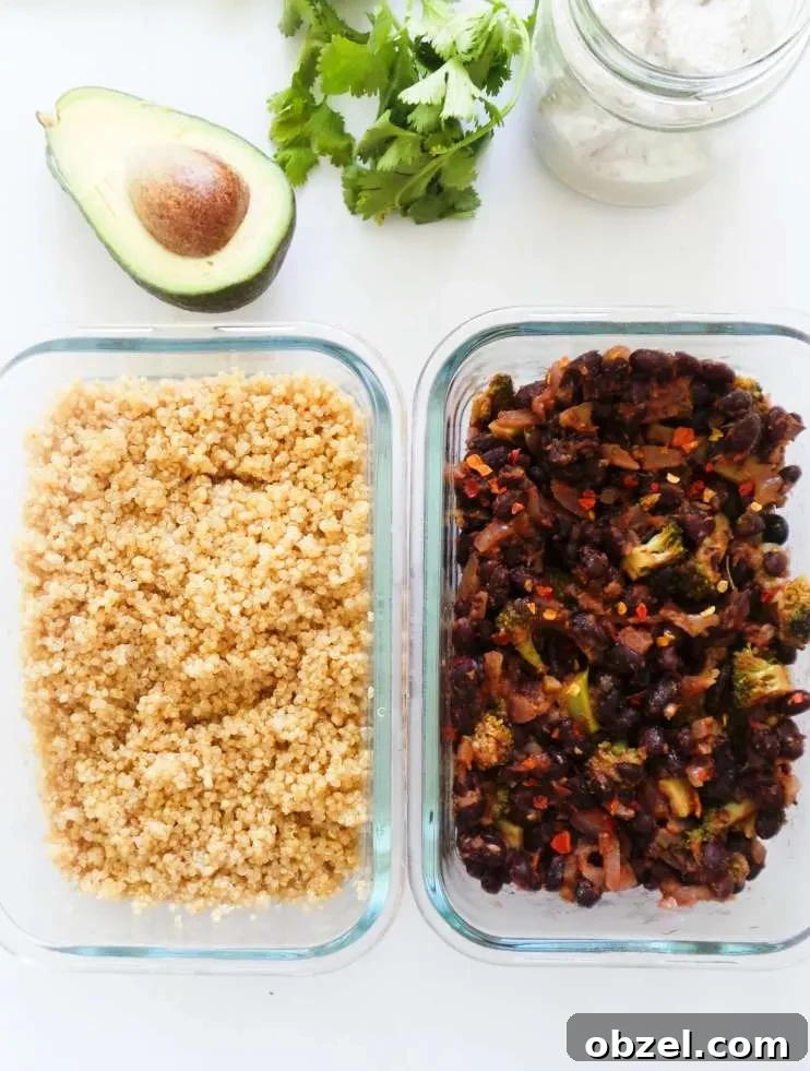 Black Bean Quinoa Bowls for Vegan Meal Prep 4 Black Bean Quinoa Bowl - easy healthy dinner recipe you can meal prep on Sunday. This clean eating recipe is vegan, gluten-free and full of flavor.