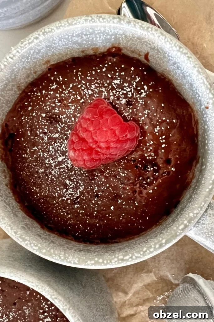 Quick Sourdough Discard Mug Cake Recipe 2 Sourdough discard mug cake served in a stoneware mug with a fresh raspberry on top.