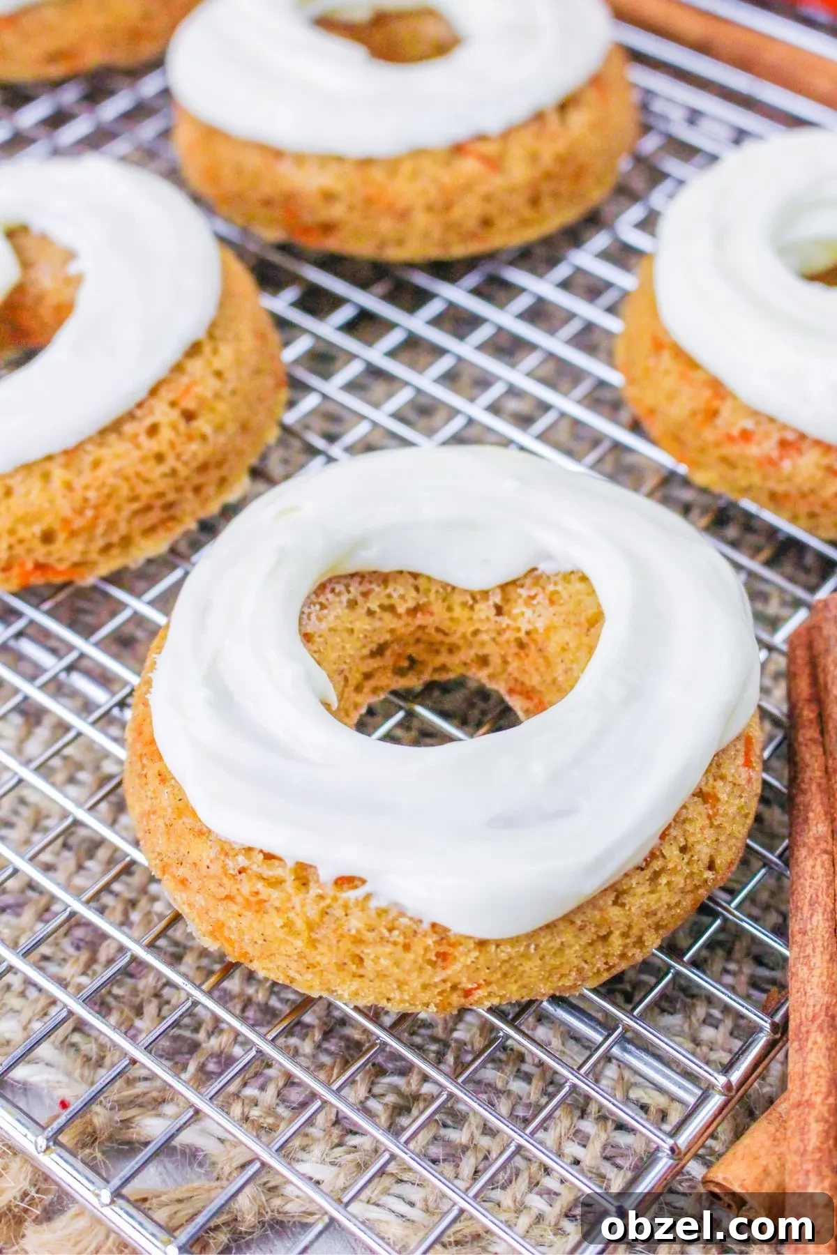 Gluten and Dairy-Free Baked Carrot Cake Donuts 7 Close up looking at a few baked carrot cake donuts on a wire rack.