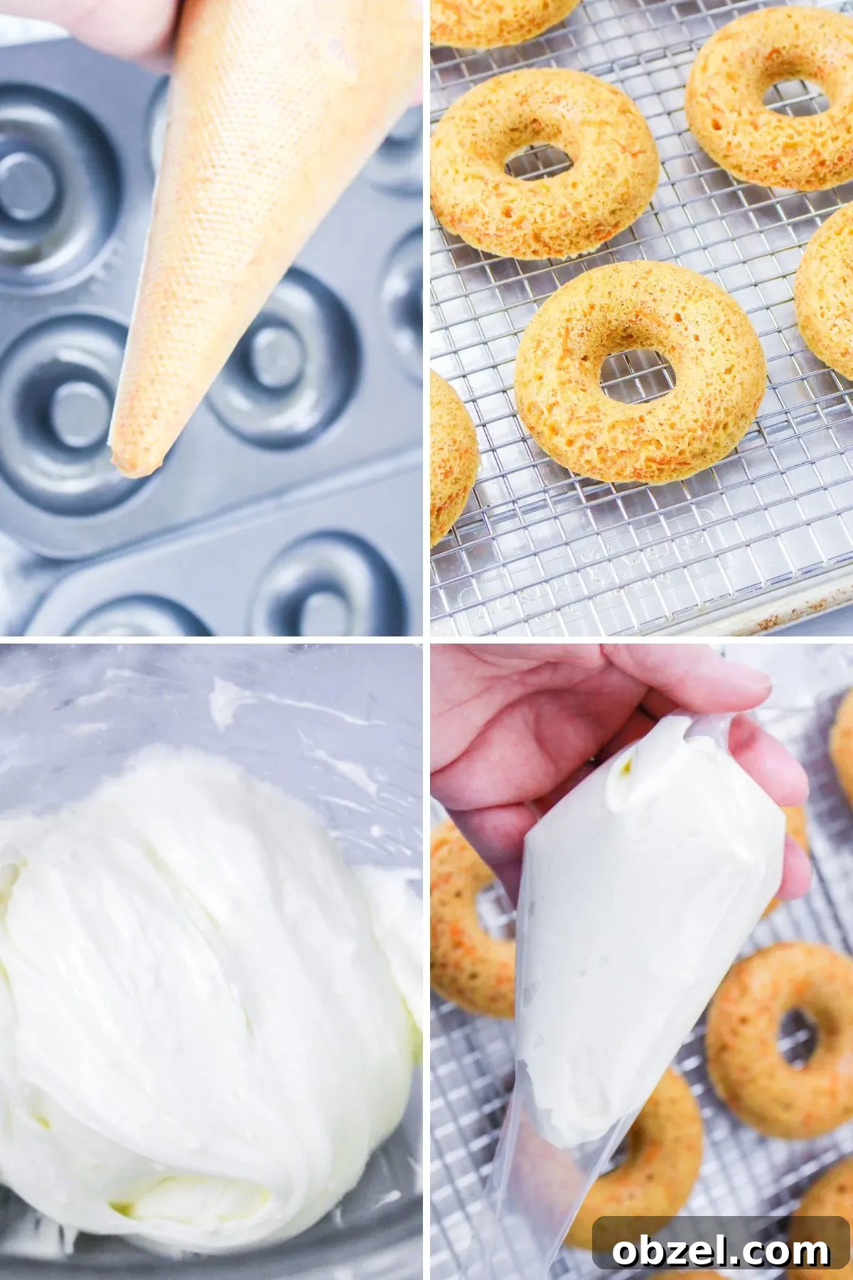 Gluten and Dairy-Free Baked Carrot Cake Donuts 5 Collage of images showing the next four steps of making Carrot Cake gluten free baked donuts.