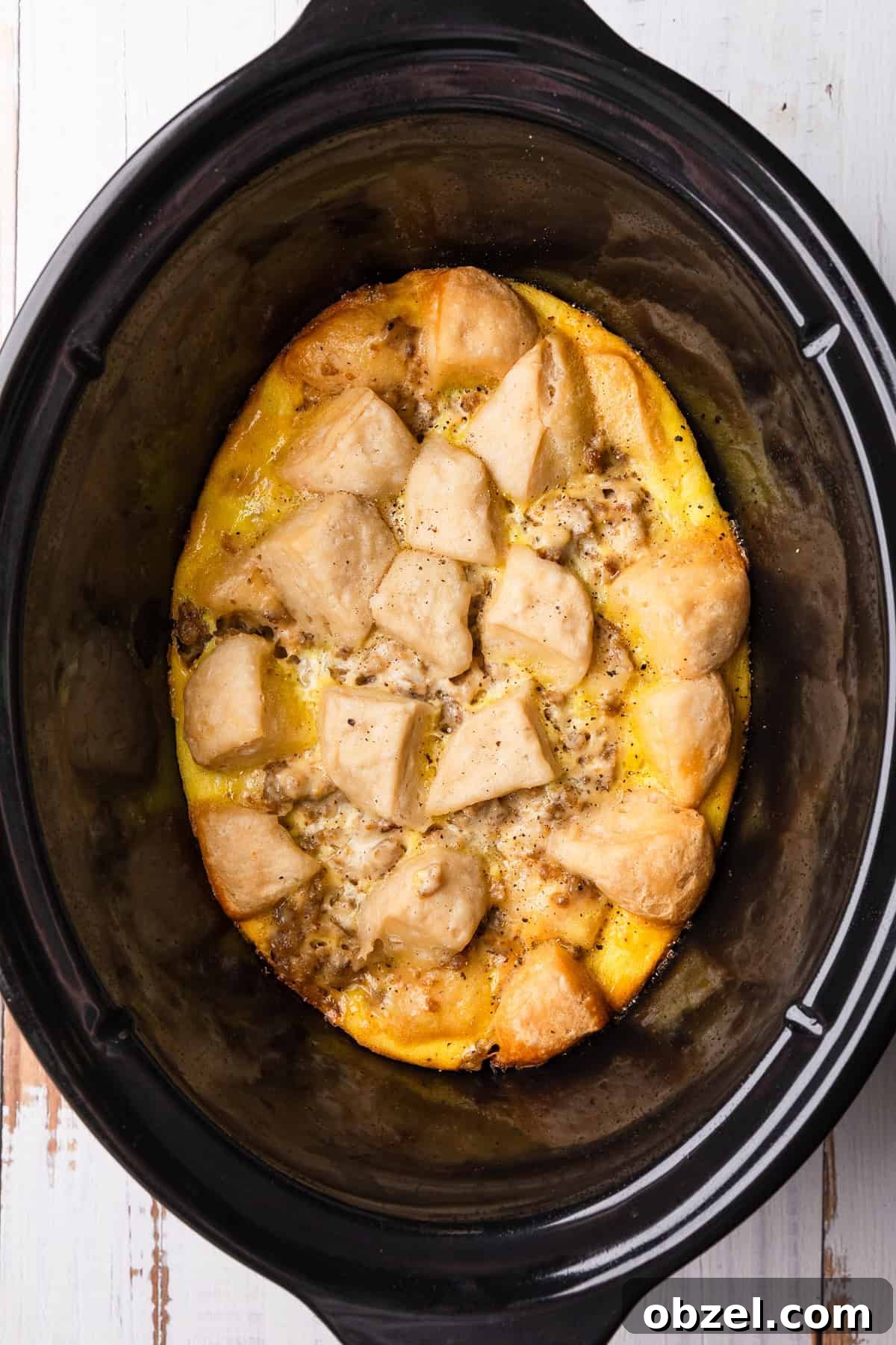Slow Cooker Biscuits and Sausage Gravy Casserole 11 The casserole after cooking.