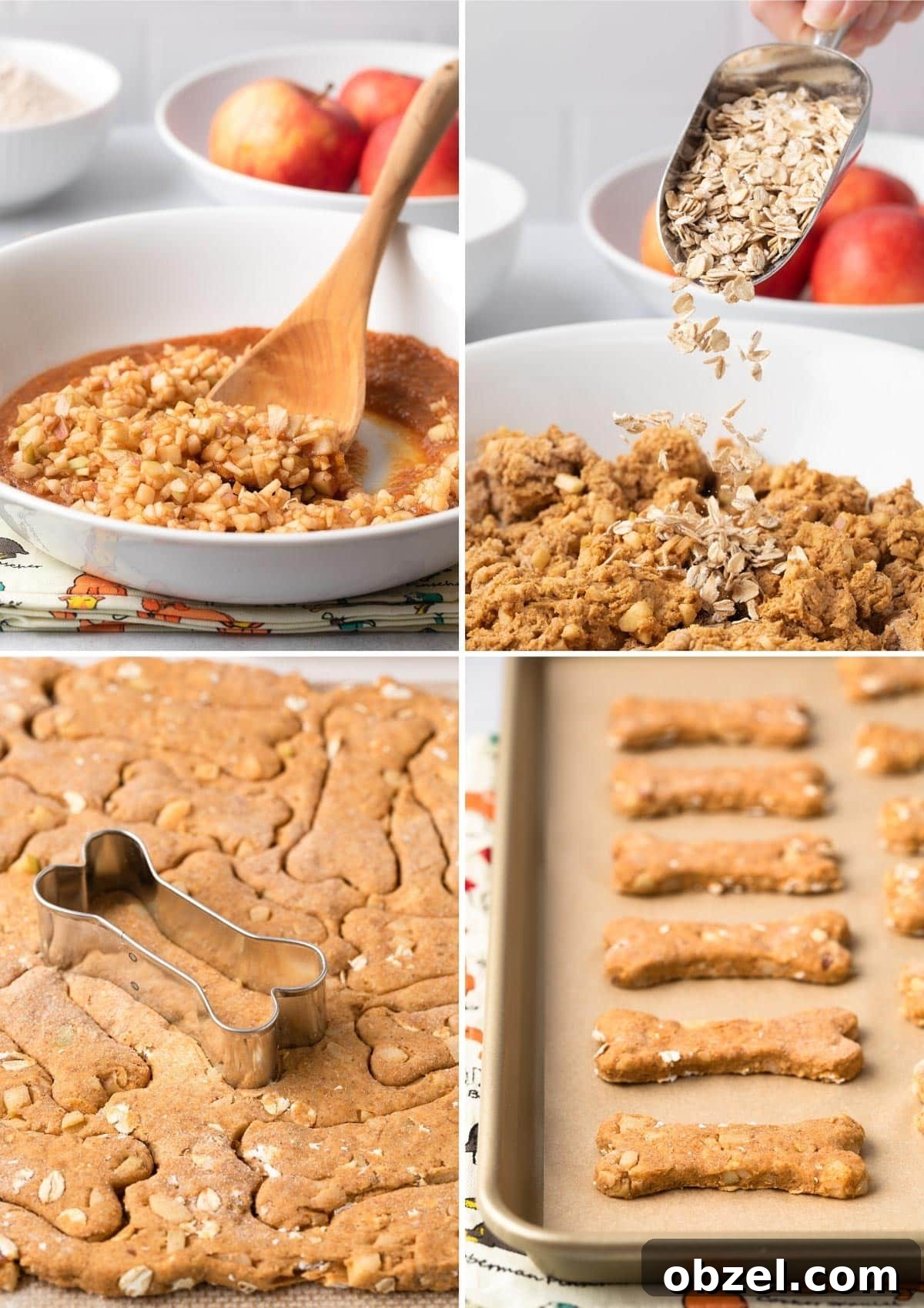 Homemade Pumpkin, Apple & Oat Dog Treats 5 four photo collage showing the process of making homemade pumpkin dog treats
