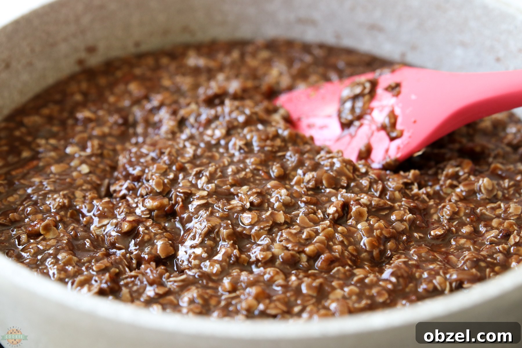 Peanut-Free No-Bake Cookies Recipe 4 stirring no bake cookie mixture in a saucepan on the stove