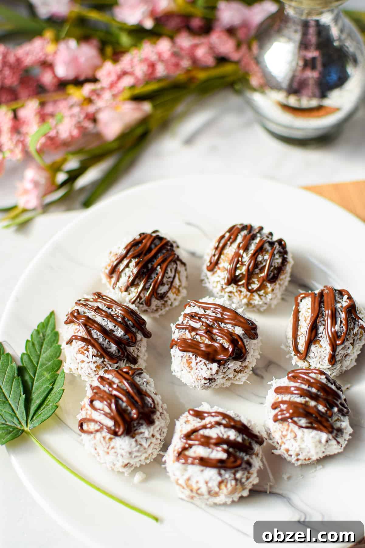 Cannabis Coconut Almond Bliss Balls Recipe 2 A white plate topped with several almond joy cannabis bliss balls garnished with a cannabis fan leaf