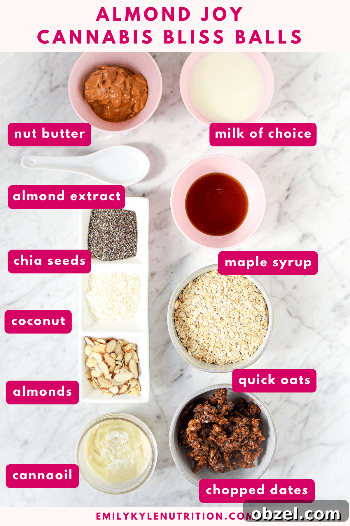 Cannabis Coconut Almond Bliss Balls Recipe 5 A white countertop with the ingredients needed to make almond joy cannabis bliss bliss including nut butter, milk, almond extract, chia seeds ,coconut, almonds, syrup, oats, dates and cannabis oil