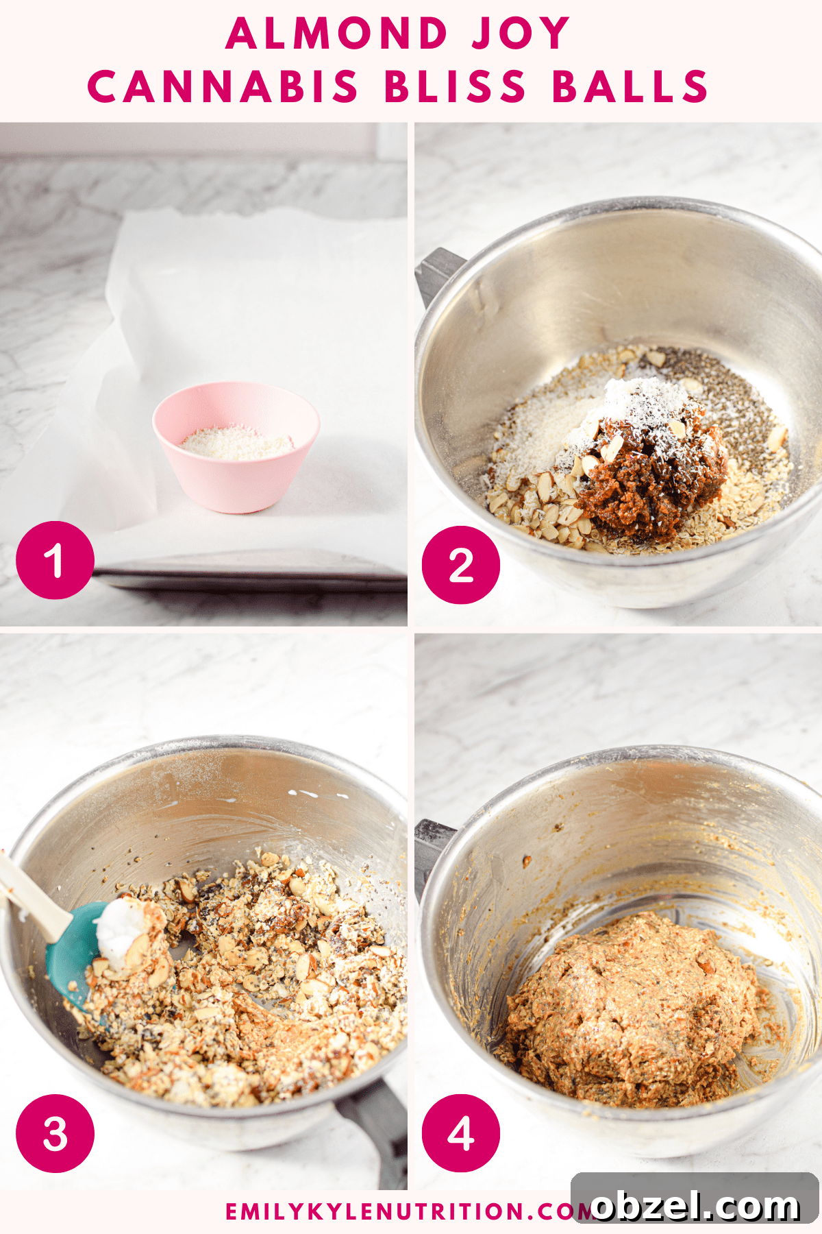 Cannabis Coconut Almond Bliss Balls Recipe 7 A four step image collage showing the first four steps needed to make almond joy cannabis bliss balls including a parchment lined paper, a bowl full of the dry ingredients, a bowl with the wet ingredients, and mixing them together