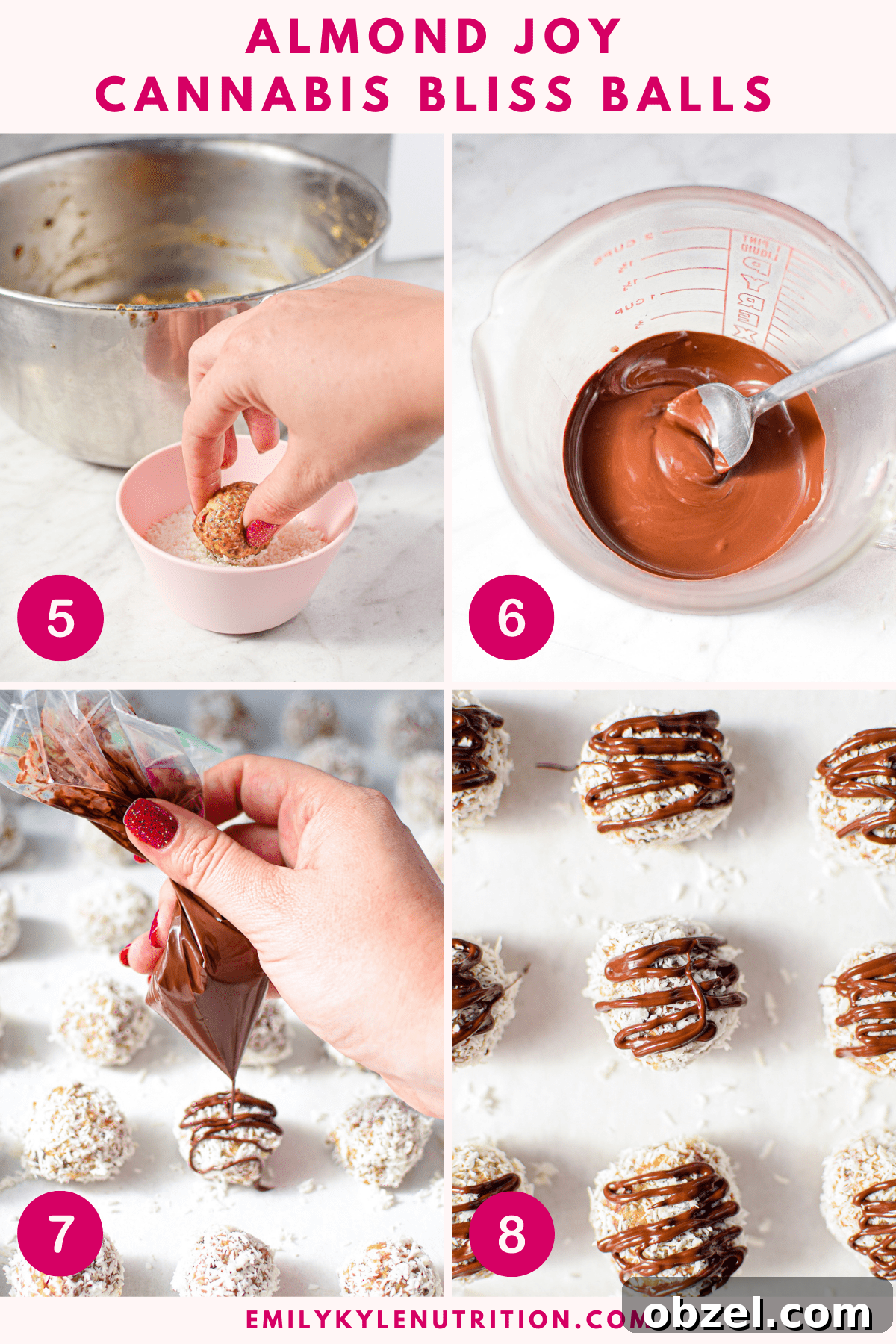 Cannabis Coconut Almond Bliss Balls Recipe 8 A four step image collage showing the final four steps needed to make almond joy cannabis bliss balls including dipping the balls in coconut flakes, melting the chocolate, drizzling the chocolate over the balls, and the final prepared item.