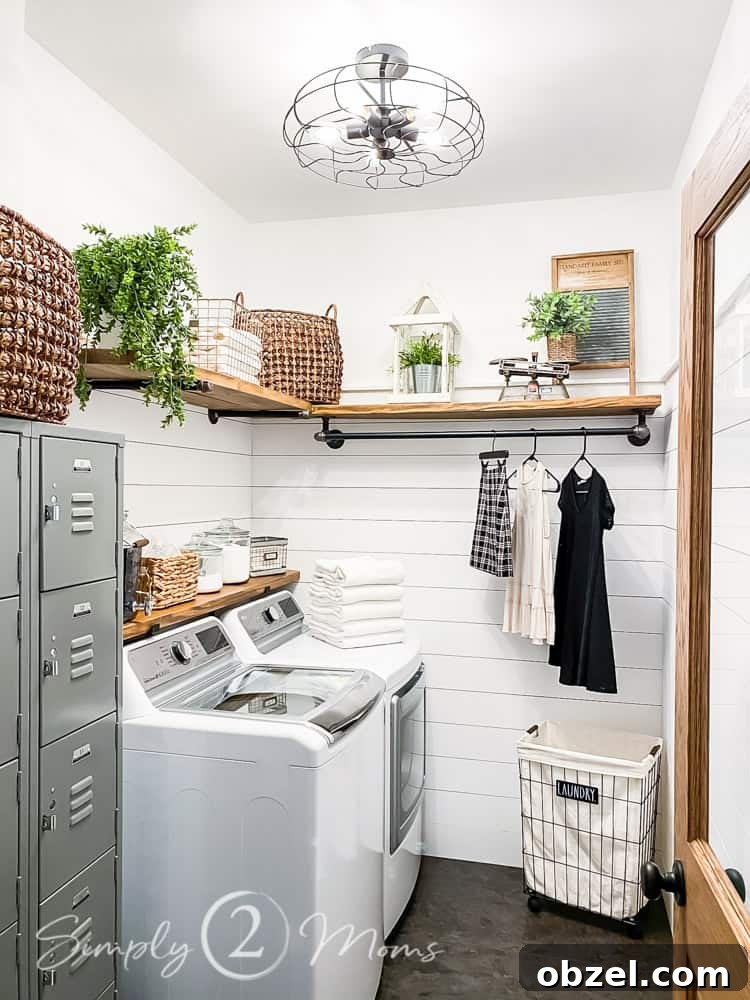 Stunning Before and After Laundry Room Makeover 12 full view of laundry room transformation decorated in an industrial farmhouse style with wood shelves and shiplap walls along with vintage school lockers