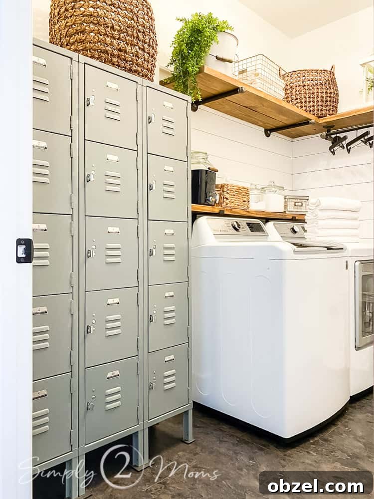 Stunning Before and After Laundry Room Makeover 13 school locker set on left side of laundry room with washing maching and dryer nest to lockers with wood shelves above