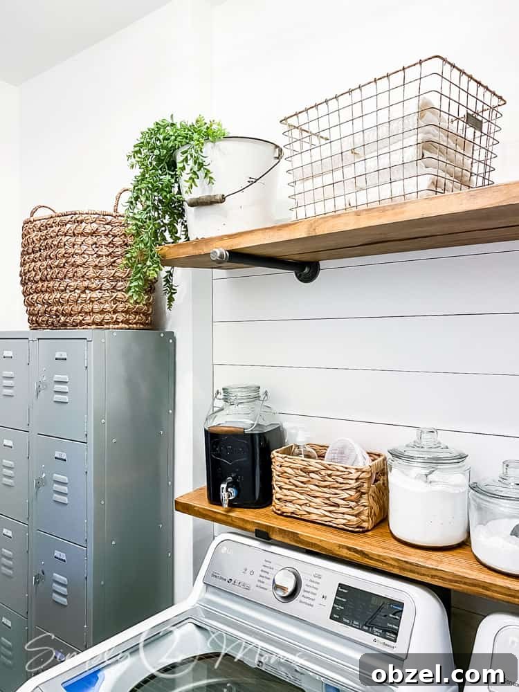 Stunning Before and After Laundry Room Makeover 10 laundry room wood shelves over washer with shiplap behind and lockers to side