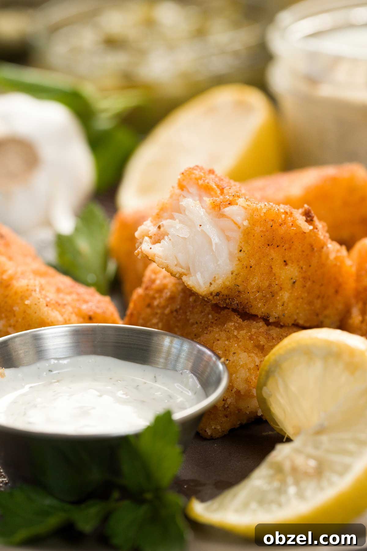 Gluten Free Breaded Fish with Homemade Tartar Sauce 3 Pan-fried cod on a plate with greek yogurt tartar sauce.