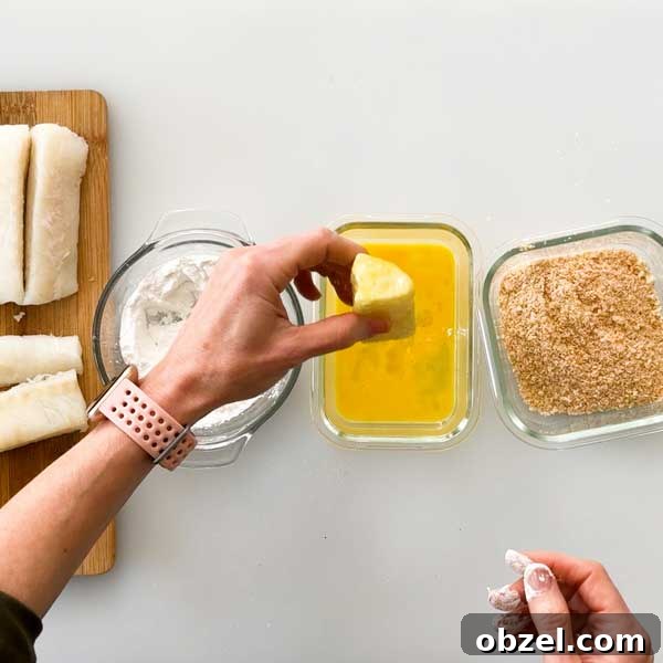 Gluten Free Breaded Fish with Homemade Tartar Sauce 6 Dipping fish in flour, egg, and breadcrumbs.