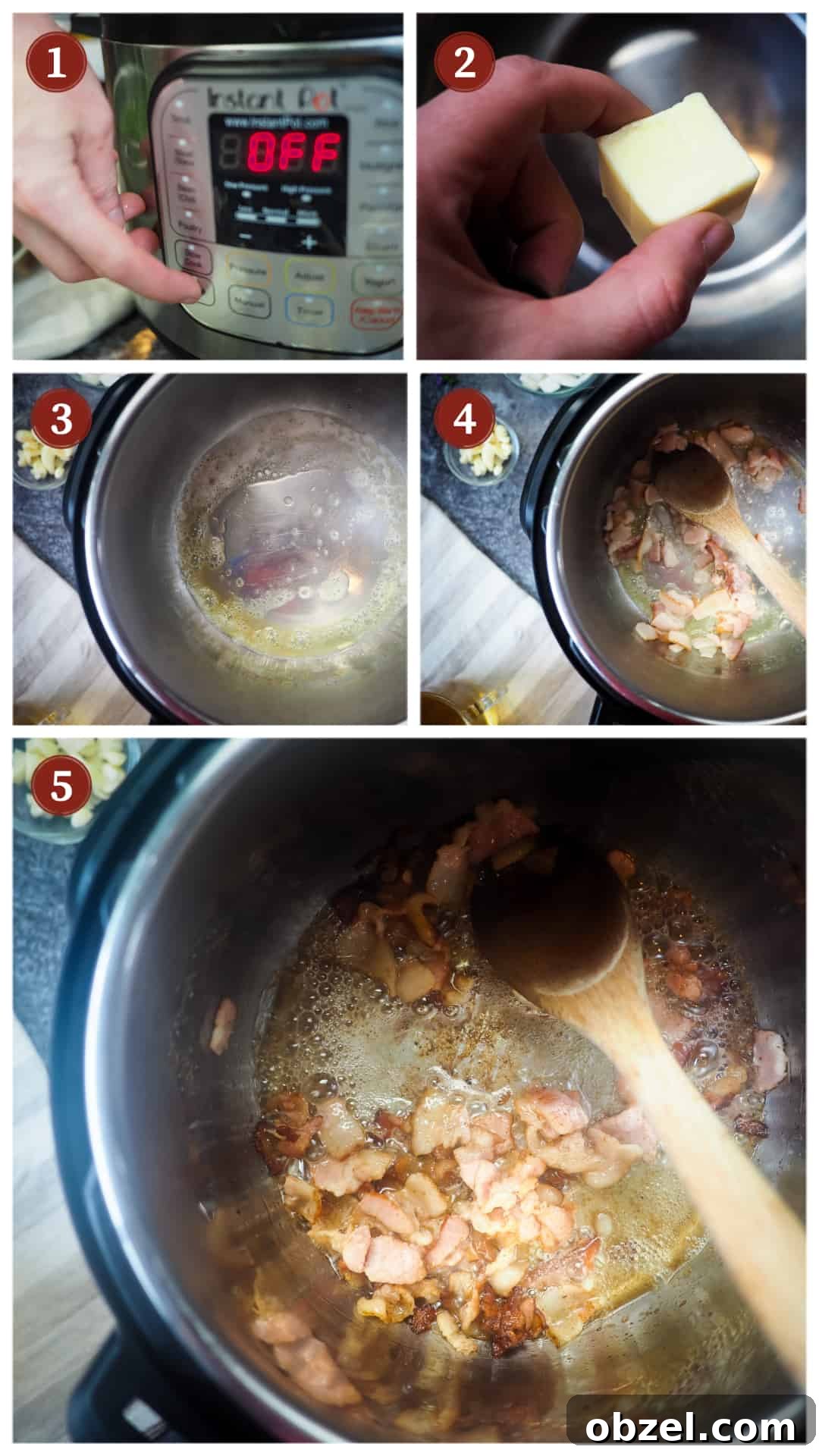 A collage of images showing the process of making southern green beans in an Instant Pot, steps 1 - 5.