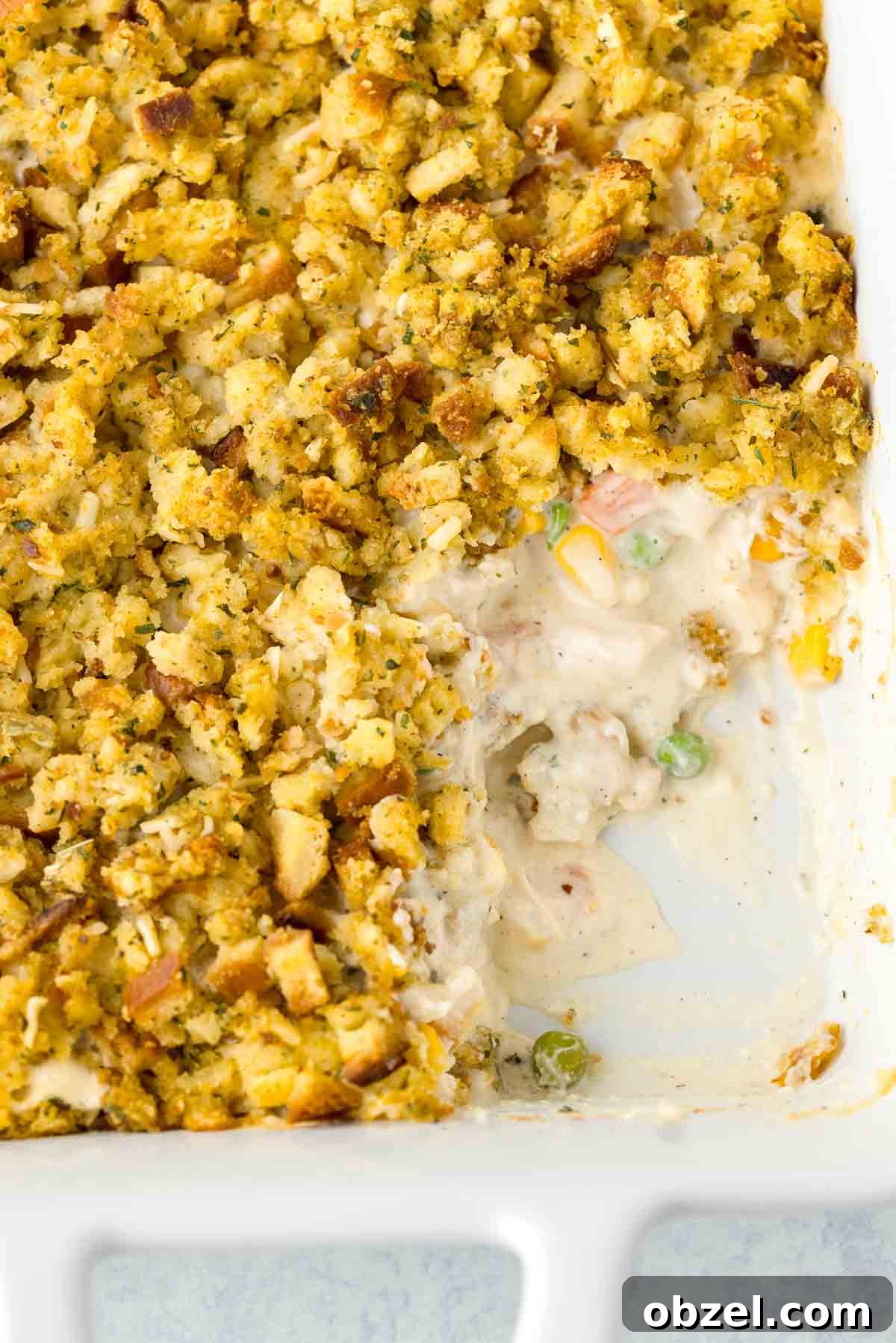 Why Meal Planning Feels Hard and Shortcut Cooking Helps 5 Chicken Stuffing Casserole baked in a casserole dish. The chicken layer is creamy and the stuffing layer is golden.