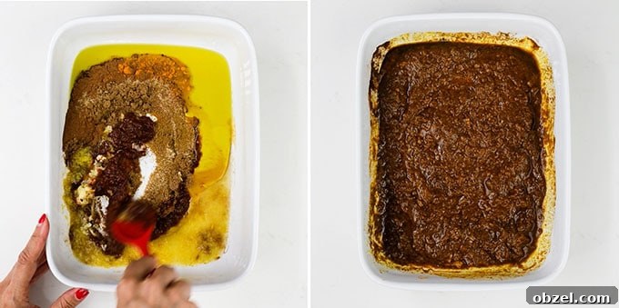 Marinated BBQ Boneless Leg of Lamb Recipe 6 Mixing lamb marinade in an ovenproof dish