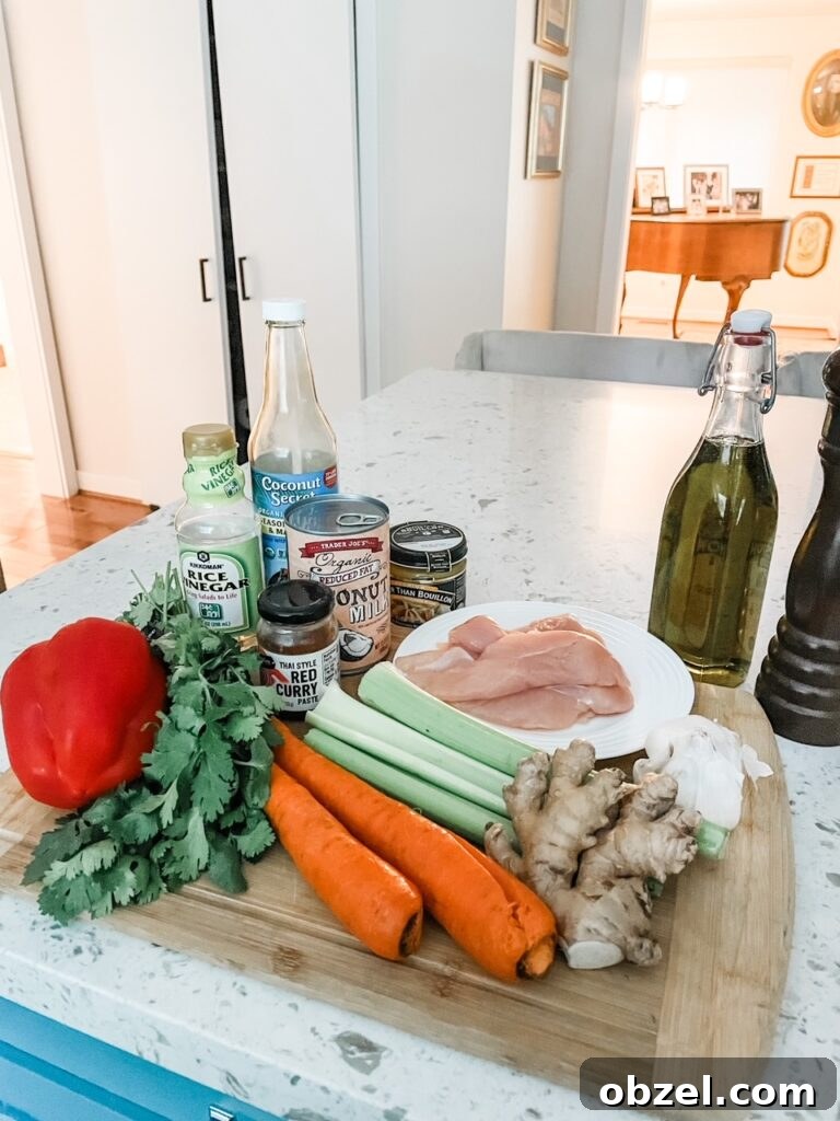 Creamy Chicken Coconut Curry Soup Recipe 4 The ingredients laid out on a counter
