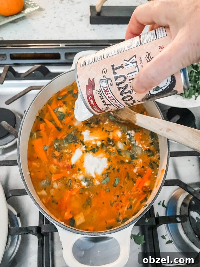 Creamy Chicken Coconut Curry Soup Recipe 6 Pouring in low-fat coconut milk into the soup