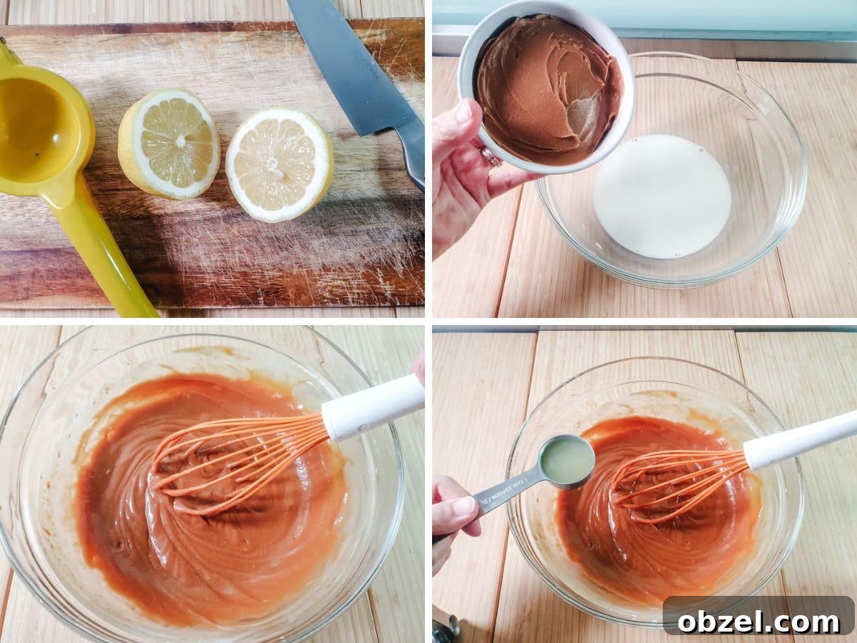 Biscoff Cookie Butter Sauce Recipe 4 Process shots: juicing lemon, adding Biscoff spread to milk, whisking, adding lemon juice.