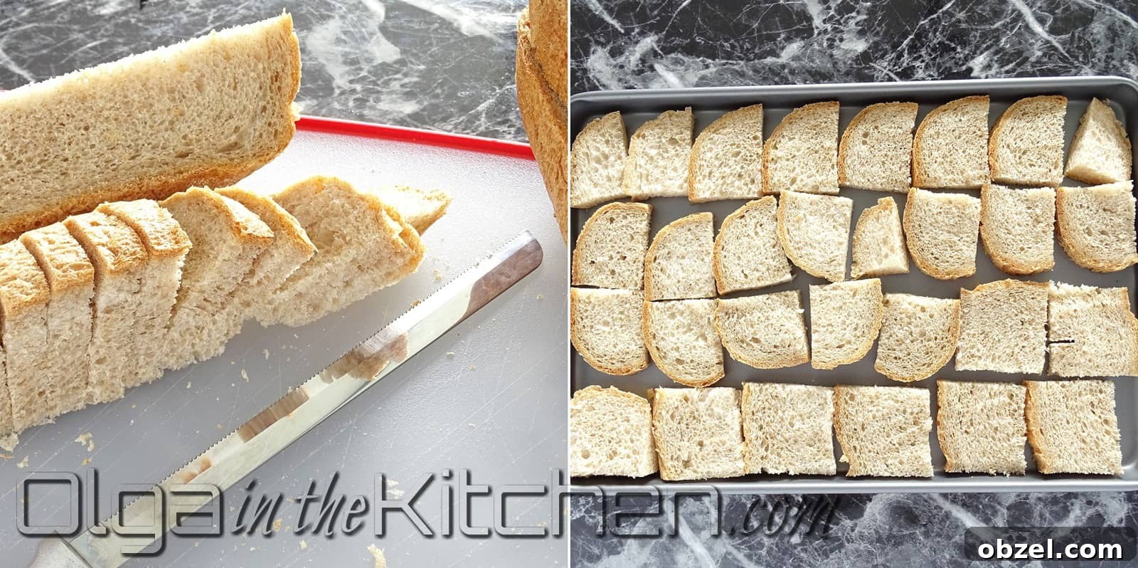 Oven Dried Bread for Stuffing and Breadcrumbs 5 Bread slices arranged on a baking sheet for oven drying.