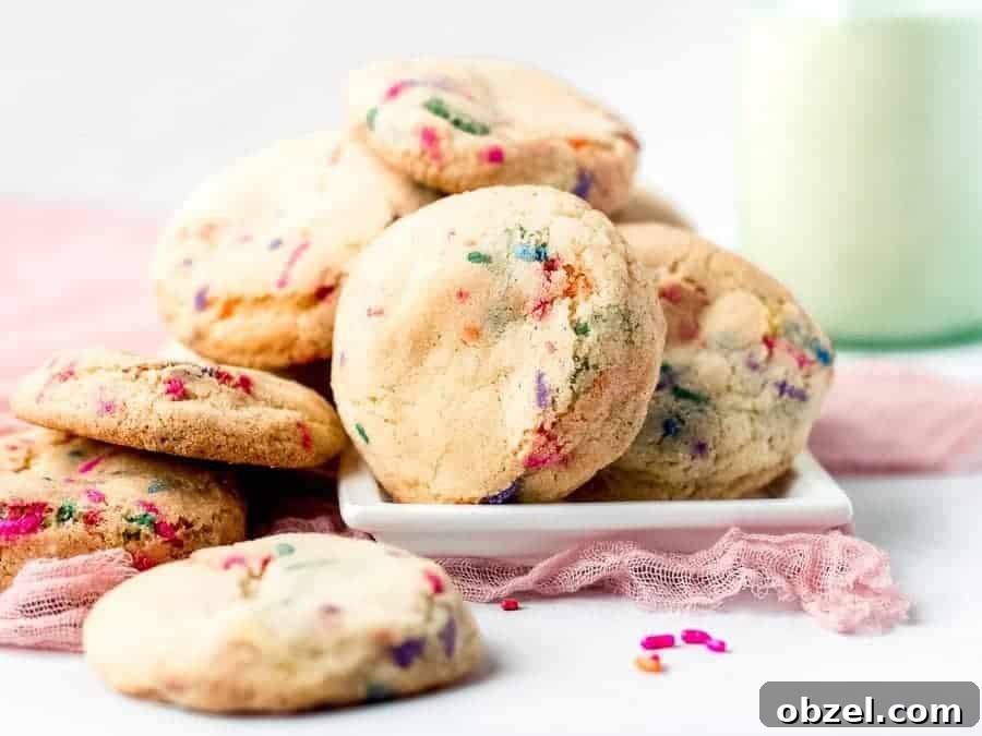 Fluffy Sprinkle Cookies on a white plate on top of a pink gauzy cloth with milk in background