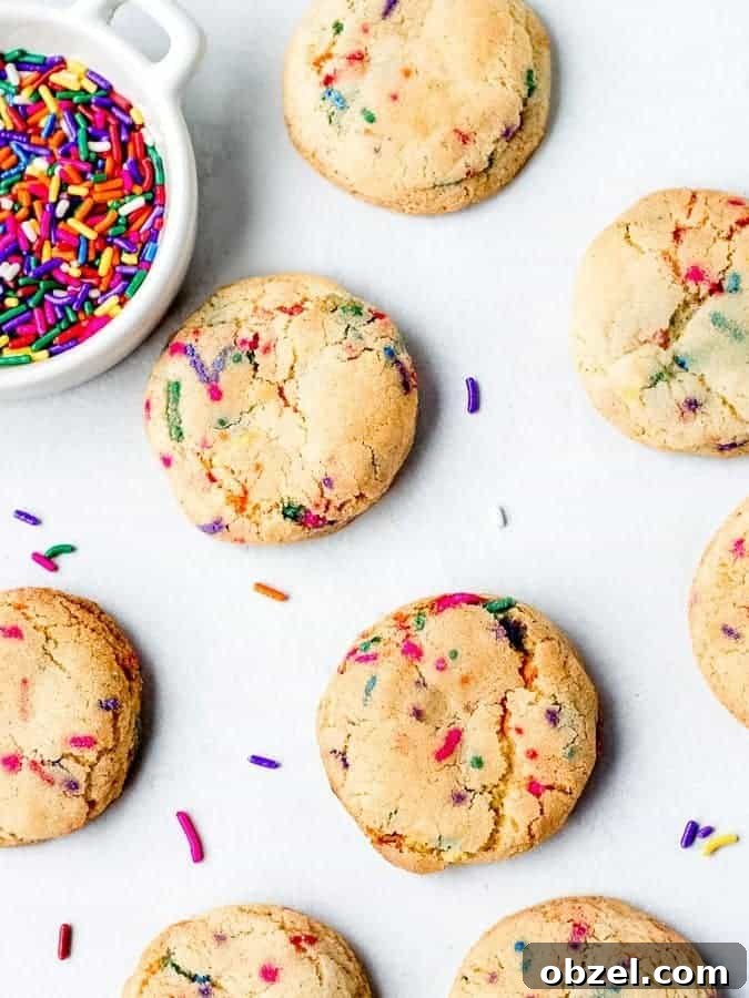 Fluffy Sprinkle Cookies shot from overhead with sprinkles in bowl top left