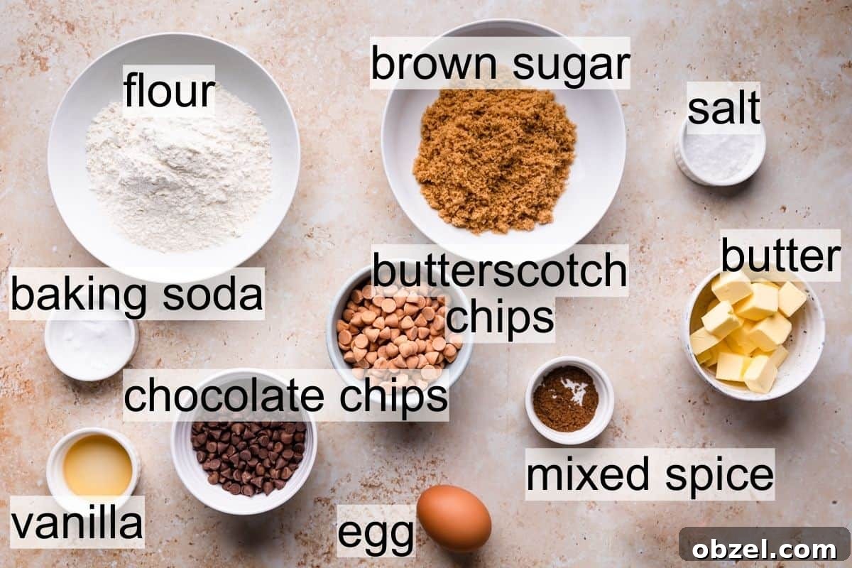 Butterscotch Chocolate Chip Cookie Recipe 3 bowls with ingredients to make butterscotch chocolate chip cookies with text overlay.