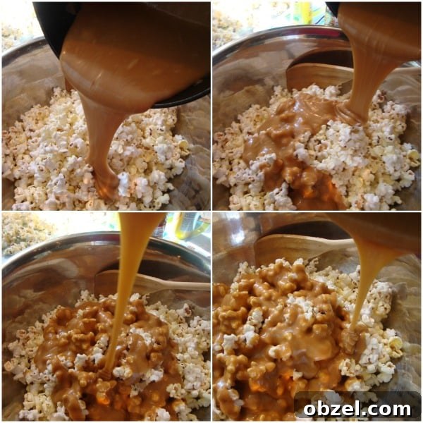 Peanut Butter Popcorn Recipe 5 Peanut butter mixture being poured over popcorn