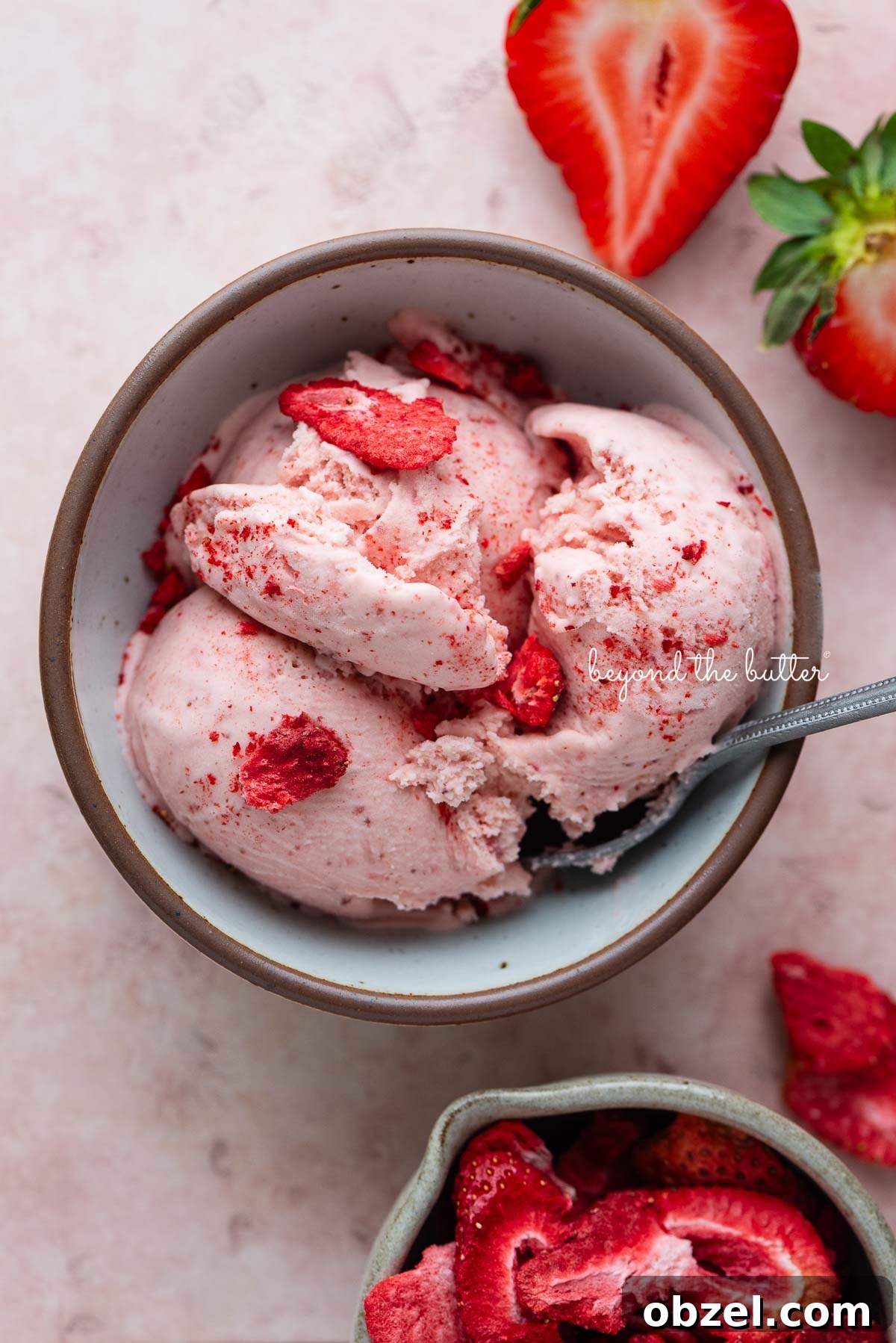 Small while ceramix bowl with homemade strawberry ice cream topped with bits of freeze-dried strawberries with a small bowl of freeze-dried strawberries and fresh strawberries surrounding it on a pink tiled background.