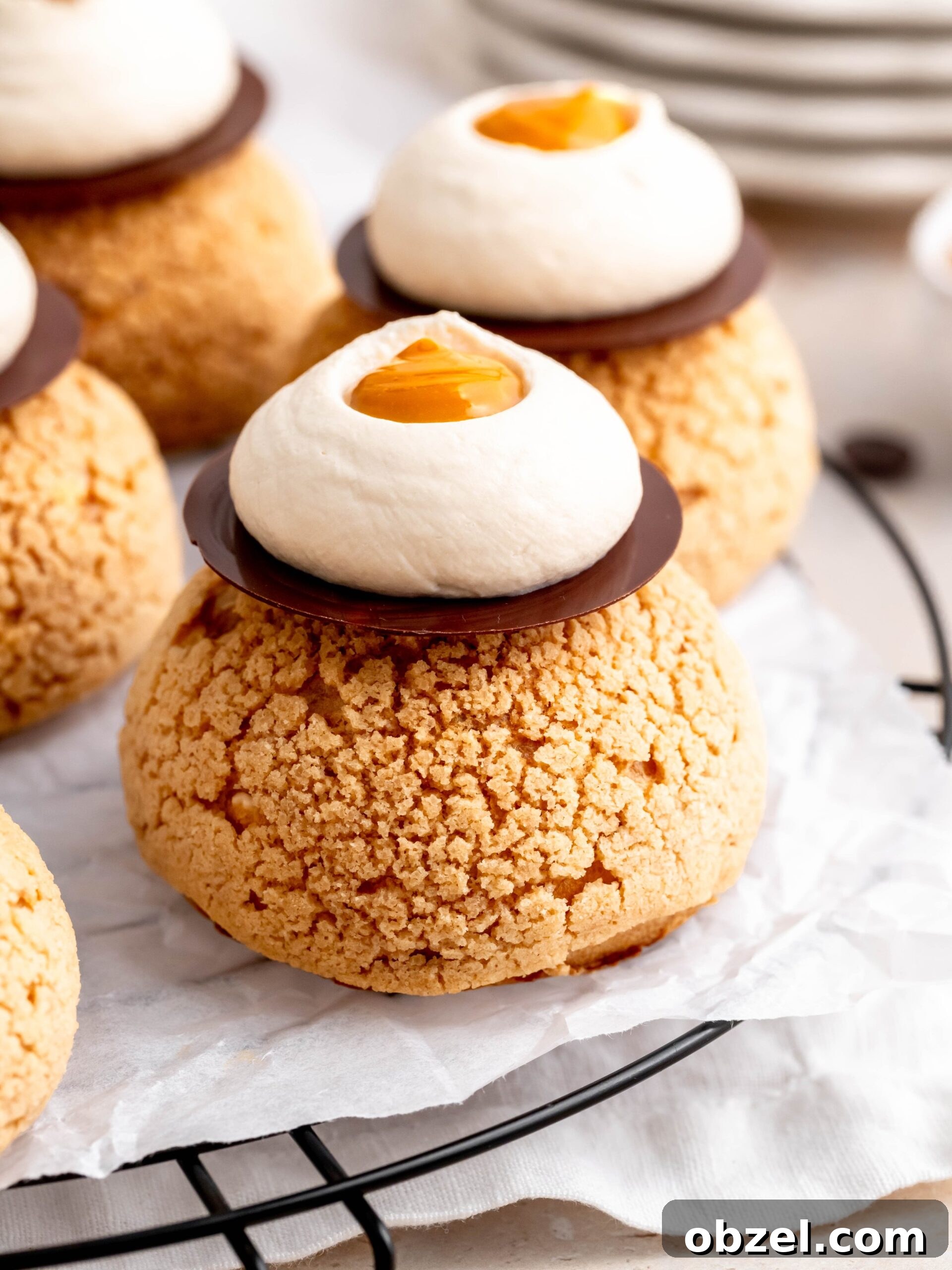 Coffee Choux au Craquelin with Dulce de Leche 4 Choux au Craquelin with Coffee and Salted Dulce de Leche on a tray.