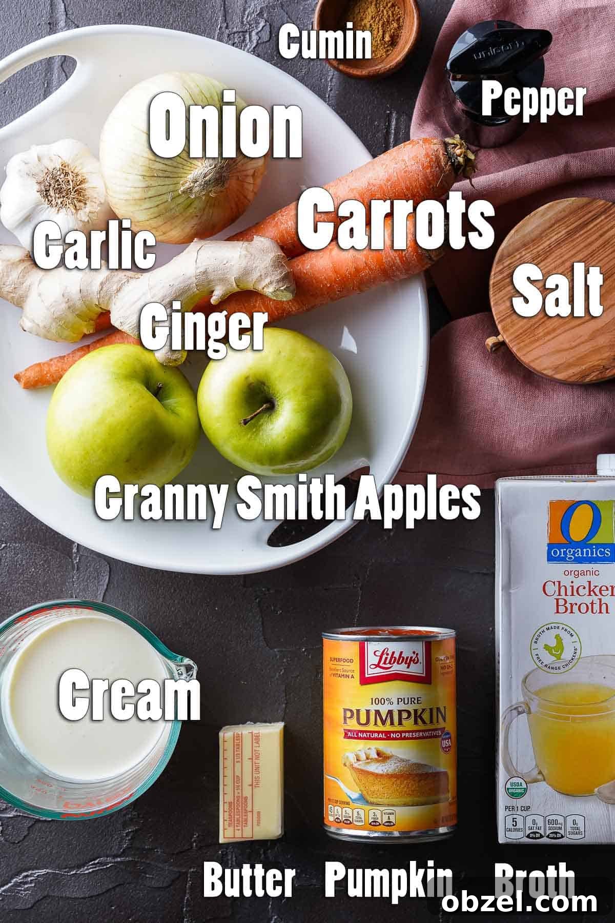 Velvety Carrot, Pumpkin and Apple Soup Recipe 3 Top down view of Carrot Pumpkin Apple Soup Ingredients