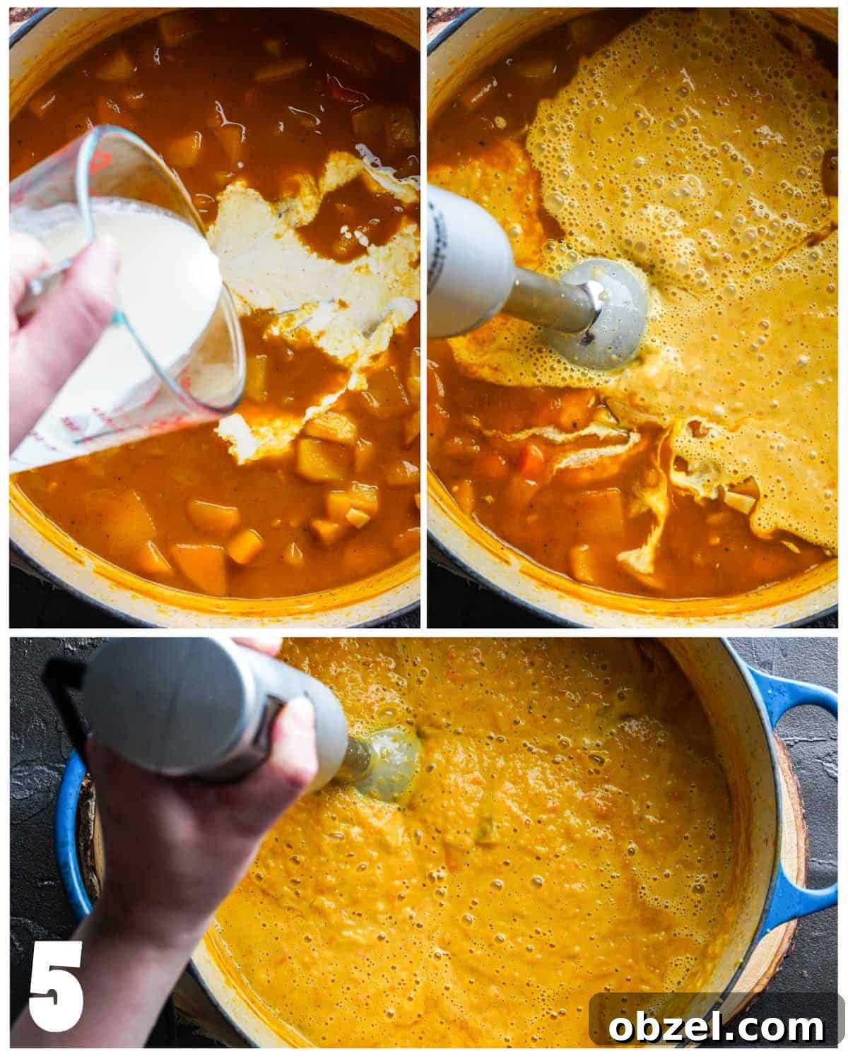 Velvety Carrot, Pumpkin and Apple Soup Recipe 8 photo collage of pouring cream into soup and blending with stick blender