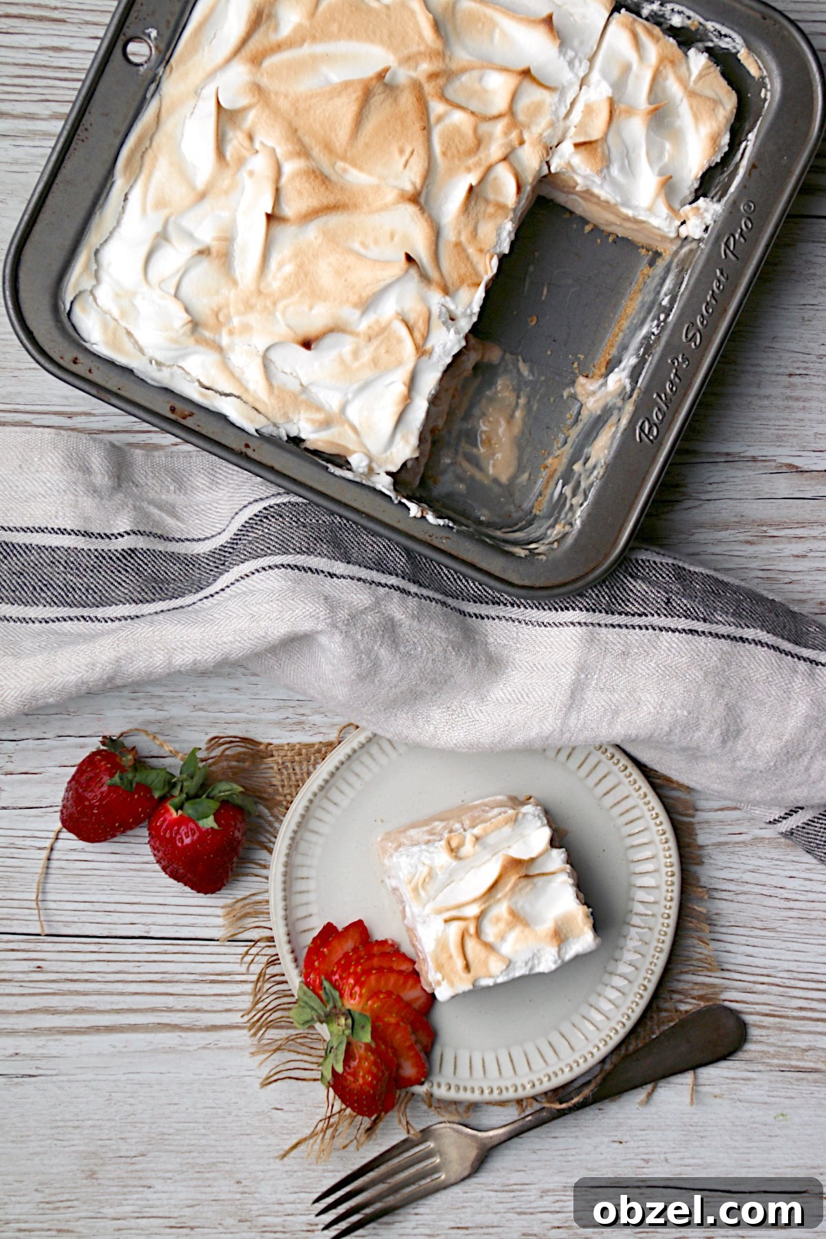 Strawberry Rhubarb Meringue Bars Recipe 8 Overhead photo of Strawberry Rhubarb Meringue Squares.
