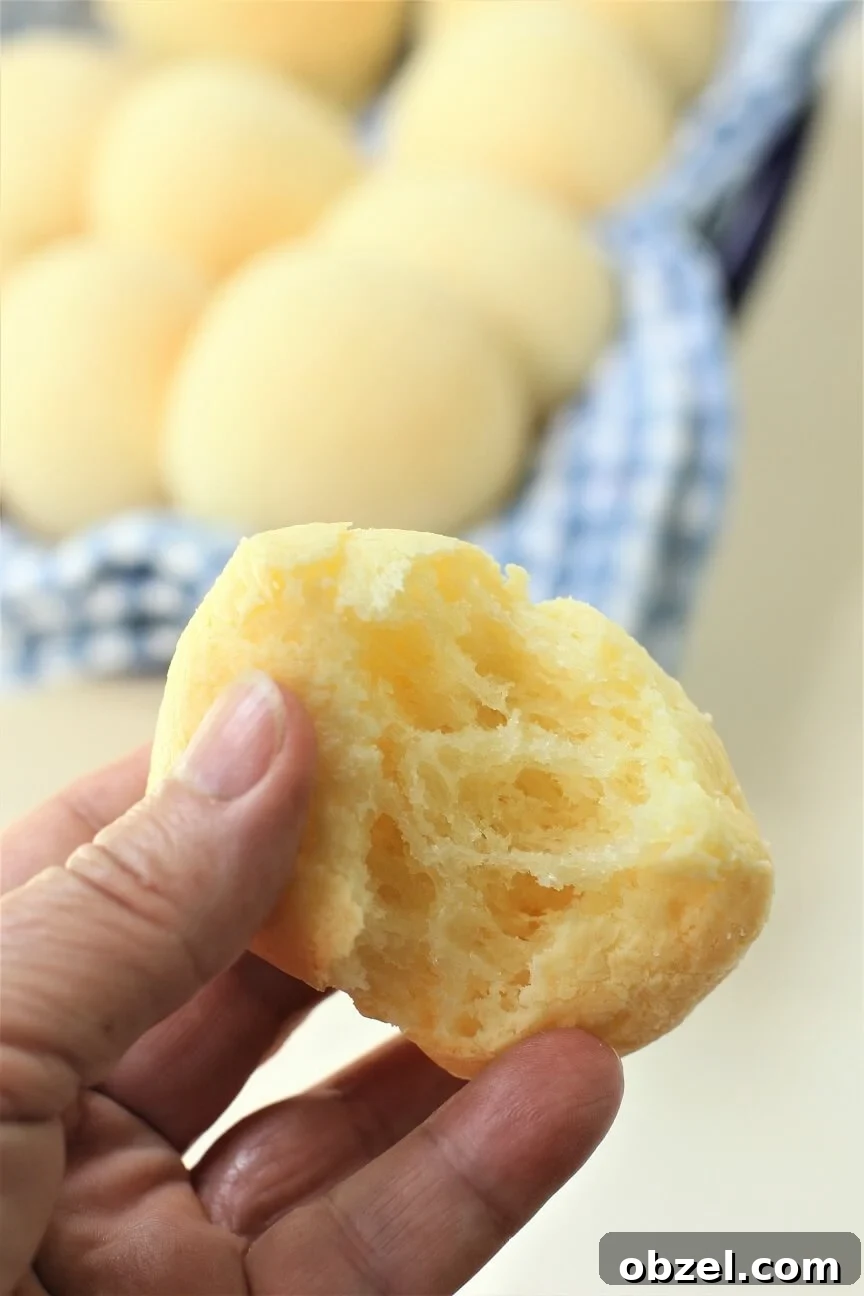 Pan de Yuca Warm Colombian Cheese Bread Rolls 3 the inside of a cheesy pan de yuca while it's still warm and stretchy