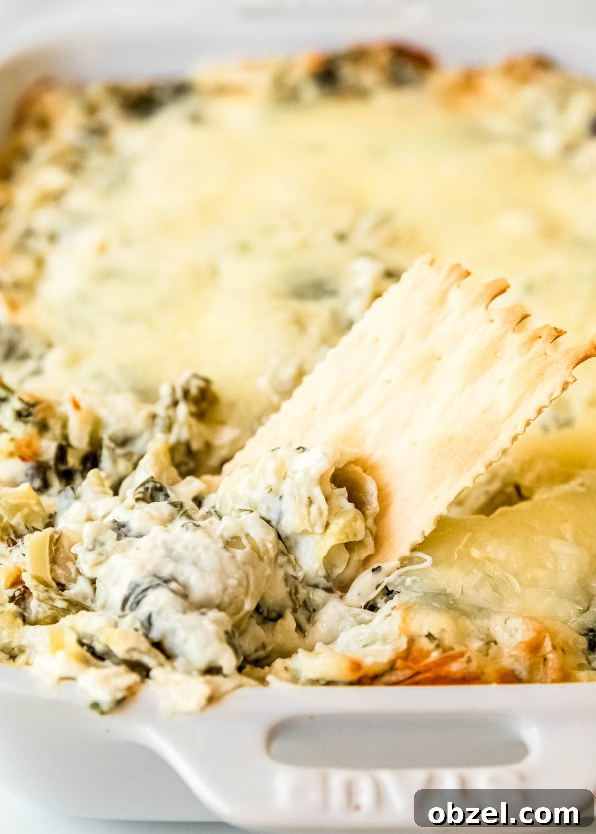 Creamy Spinach Artichoke Dip Recipe 11 spinach artichoke dip being scooped up onto a cracker